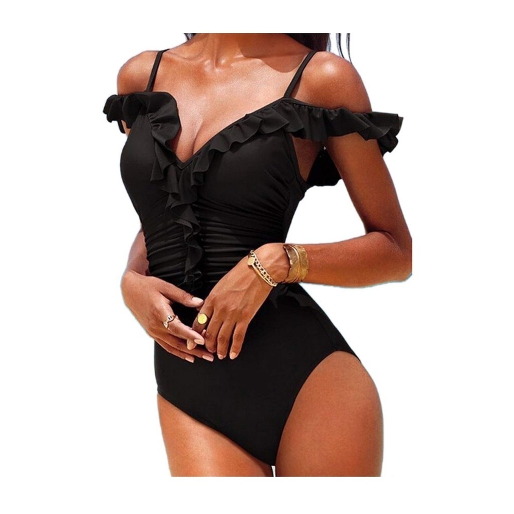 Women's Off Shoulder Ruffle One Peice Swimsuit Ruched Tummy Control Size Small